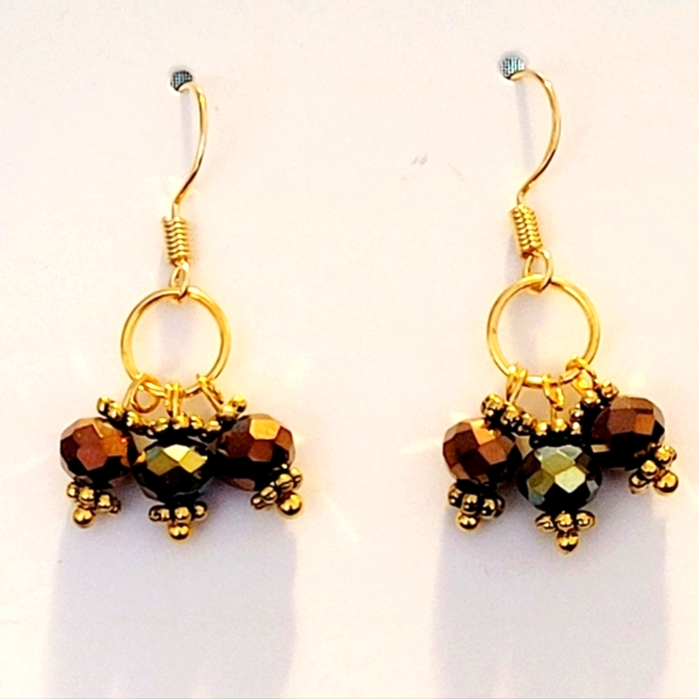 Small brown and green crystal drop earrings